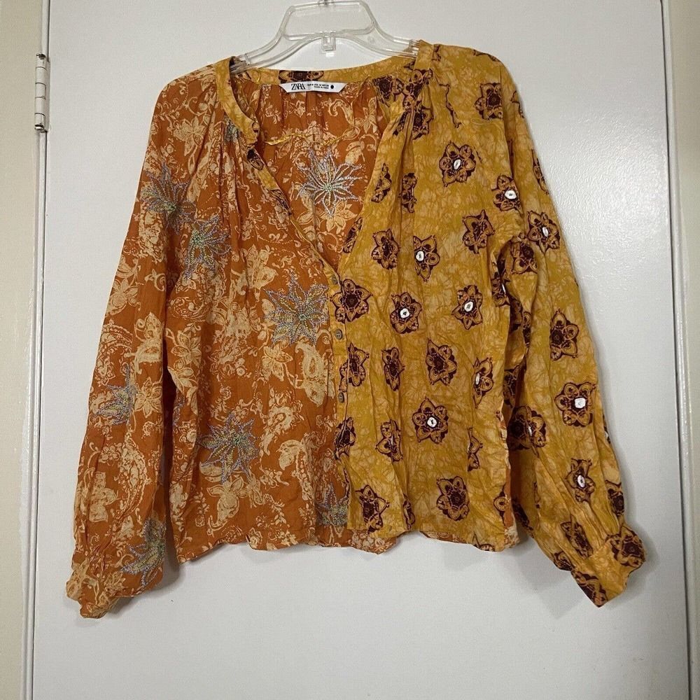 ZARA Boho floral vneck button down orange blouse top size Medium